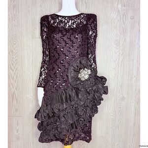 Vintage Lillie Rubin black sequin beaded floral ruffle long sleeve formal dress